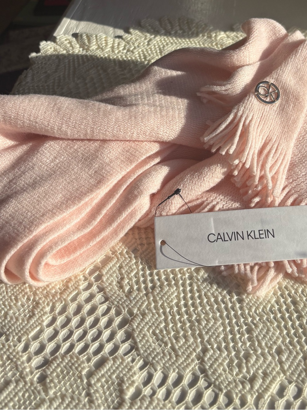 Calvin Klein Pale Pink Fringed Cashmere-Blend Scarf